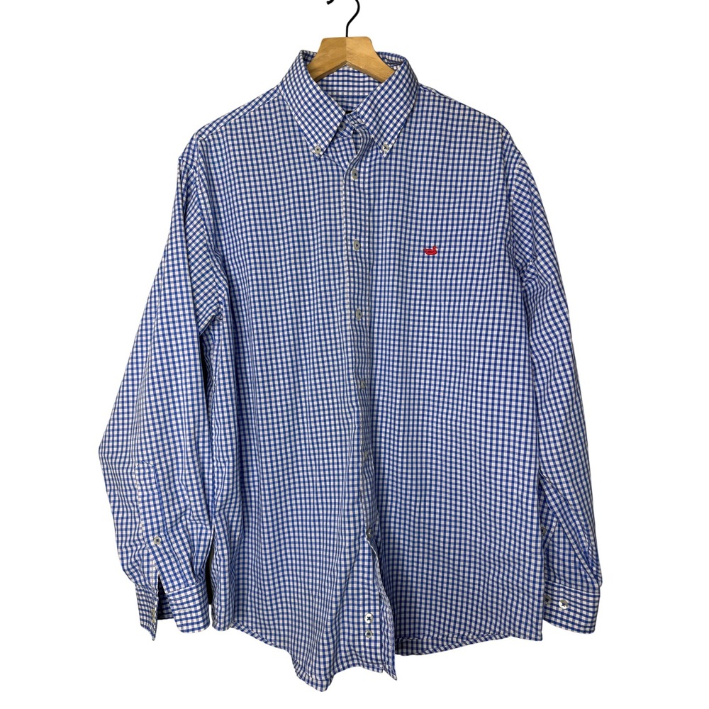 Southern Marsh Mens Blue Gingham Wrinkle Free Long Sleeve Button Down Shirt L